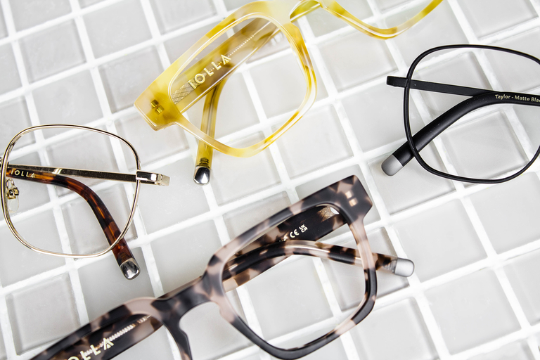 new glasses, douglas and taylor, flatlay on tiles